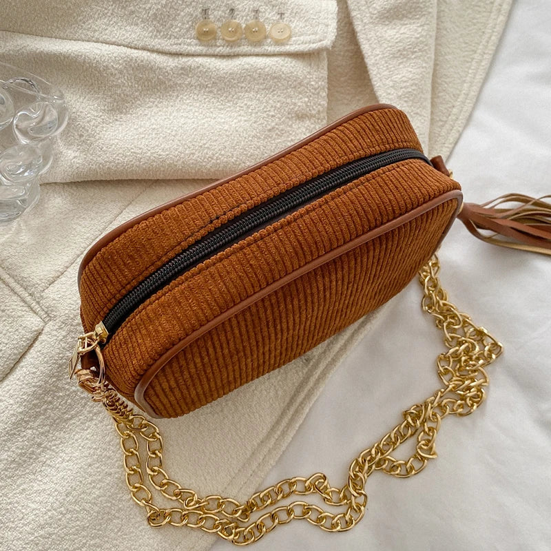 Corduroy Small Flap Bag Tote Handbag Chains Shoulder Crossbody Bag