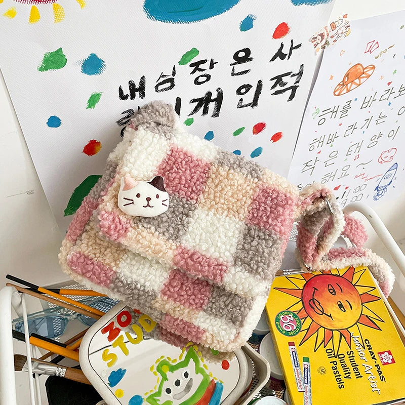 Plaid Crossbody Bag Women Small Plush Shoulder Bag
