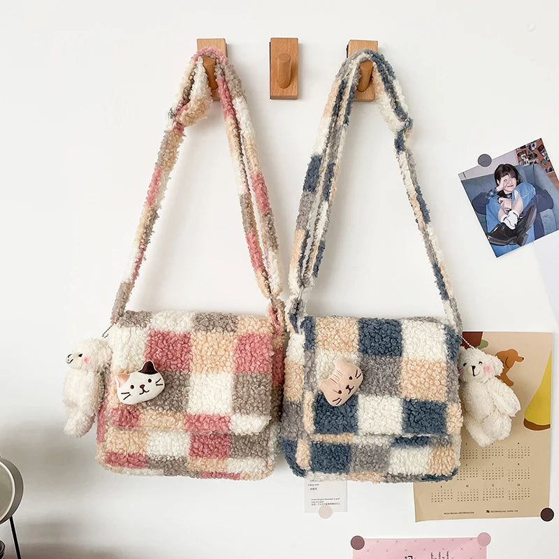 Plaid Crossbody Bag Women Small Plush Shoulder Bag