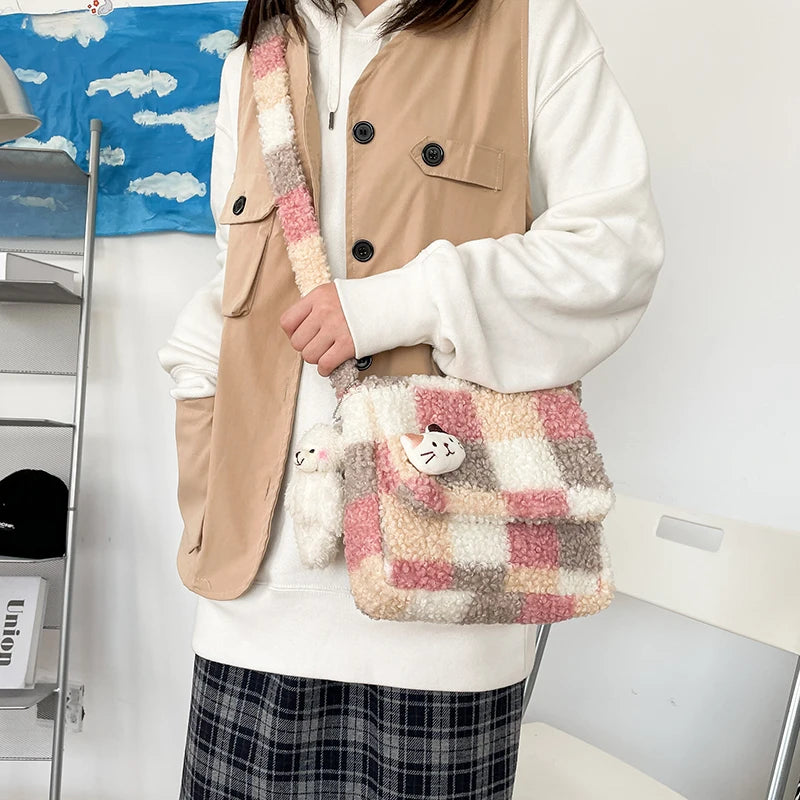 Plaid Crossbody Bag Women Small Plush Shoulder Bag