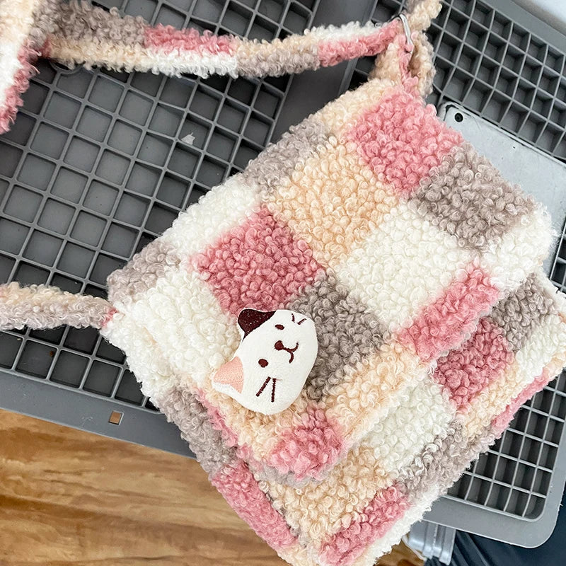 Plaid Crossbody Bag Women Small Plush Shoulder Bag