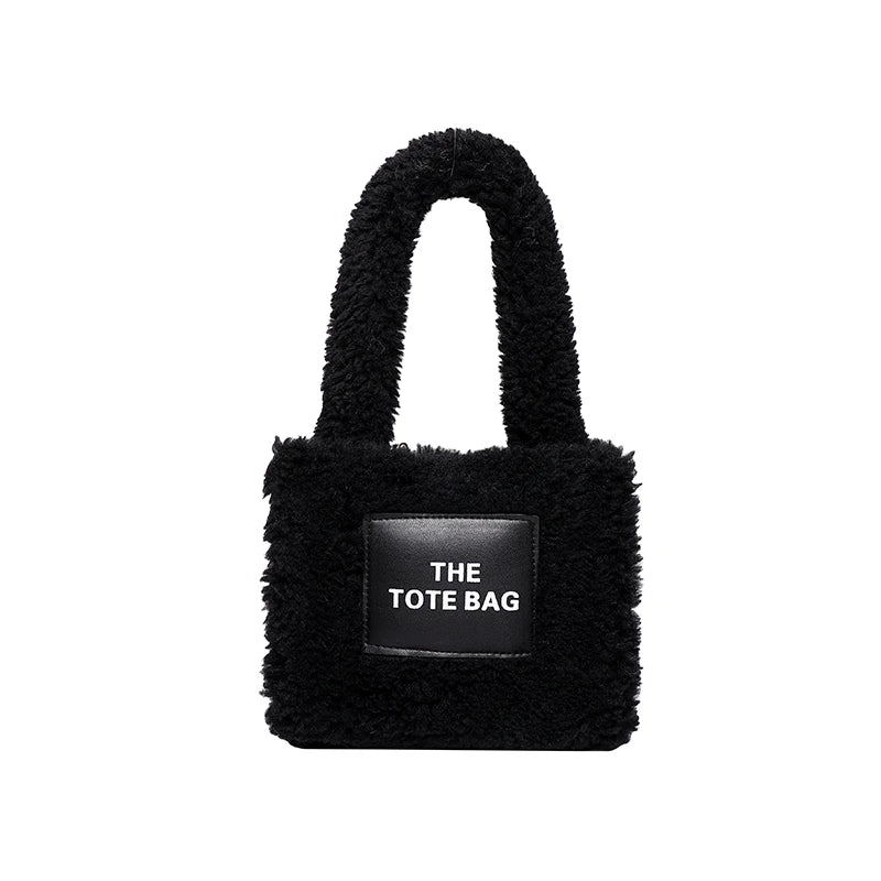 Women Small Plush Tote Bag Soft Lamb Wool Handbag Faux Fur Shoulder
