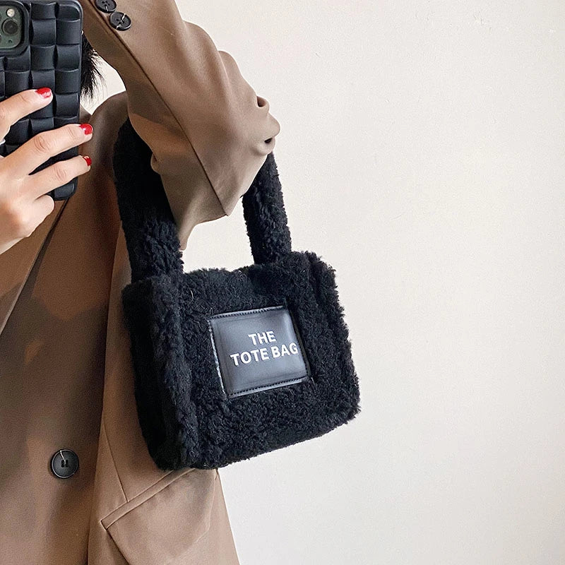 Women Small Plush Tote Bag Soft Lamb Wool Handbag Faux Fur Shoulder