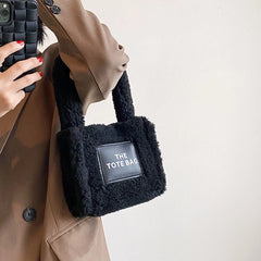 Women Small Plush Tote Bag Soft Lamb Wool Handbag Faux Fur Shoulder