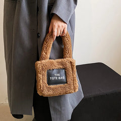 Women Small Plush Tote Bag Soft Lamb Wool Handbag Faux Fur Shoulder
