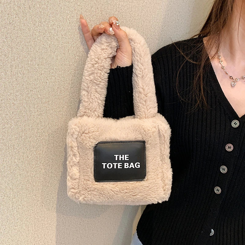 Women Small Plush Tote Bag Soft Lamb Wool Handbag Faux Fur Shoulder