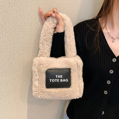 Women Small Plush Tote Bag Soft Lamb Wool Handbag Faux Fur Shoulder