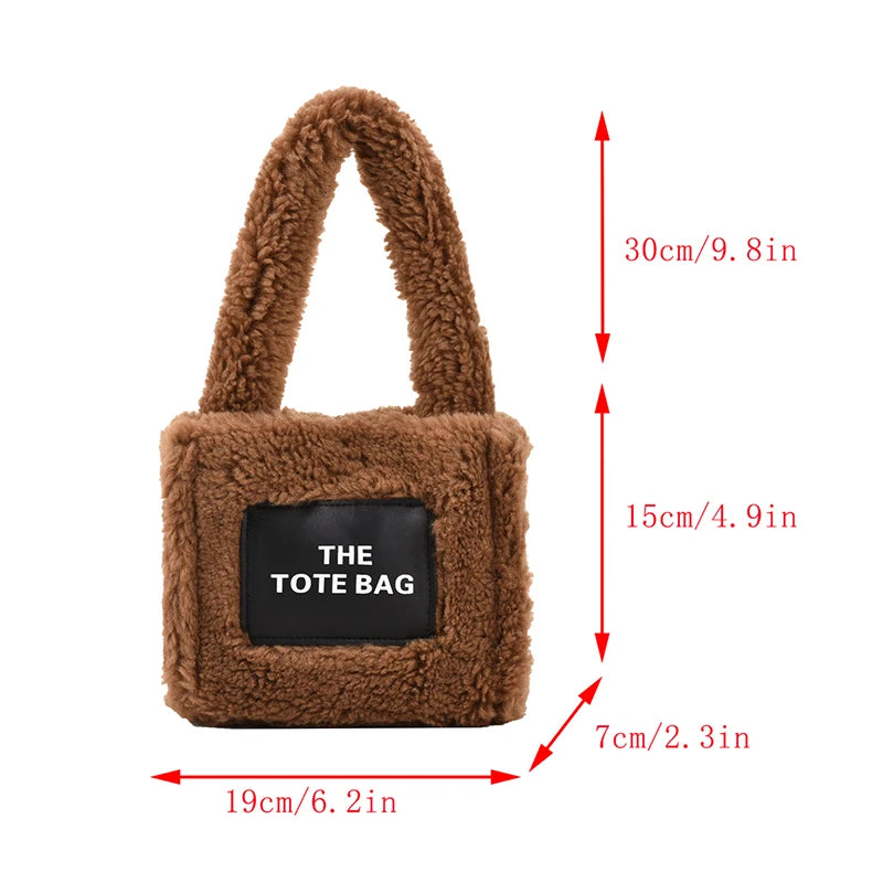 Women Small Plush Tote Bag Soft Lamb Wool Handbag Faux Fur Shoulder
