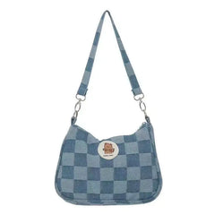 Women Small Shoulder Bags Checked Handbag Canvas Tote Chain Underarm Bag