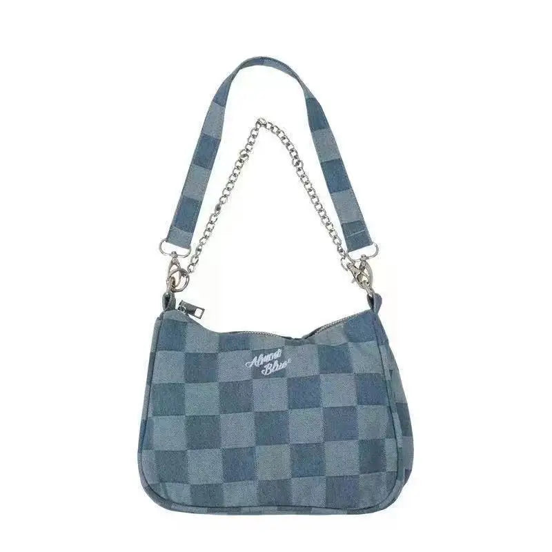Women Small Shoulder Bags Checked Handbag Canvas Tote Chain Underarm Bag