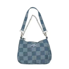 Women Small Shoulder Bags Checked Handbag Canvas Tote Chain Underarm Bag