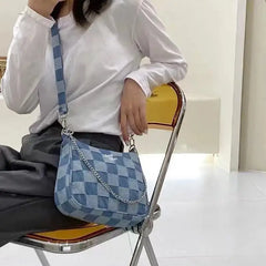 Women Small Shoulder Bags Checked Handbag Canvas Tote Chain Underarm Bag