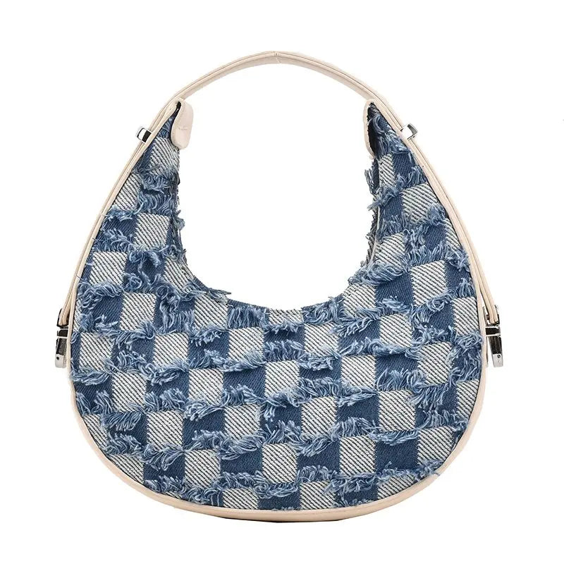 Plaid Canvas Shoulder Handbag Underarm Chain Tote Half Moon Purse Bags