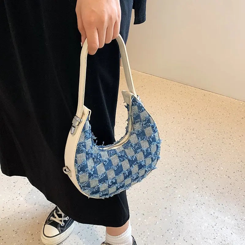 Plaid Canvas Shoulder Handbag Underarm Chain Tote Half Moon Purse Bags