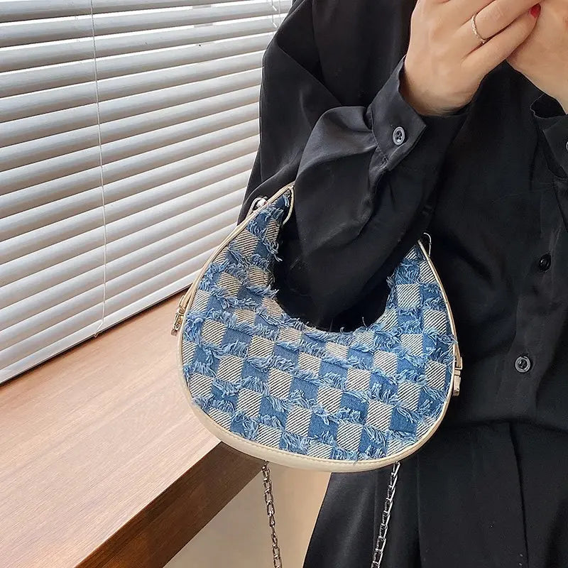 Plaid Canvas Shoulder Handbag Underarm Chain Tote Half Moon Purse Bags