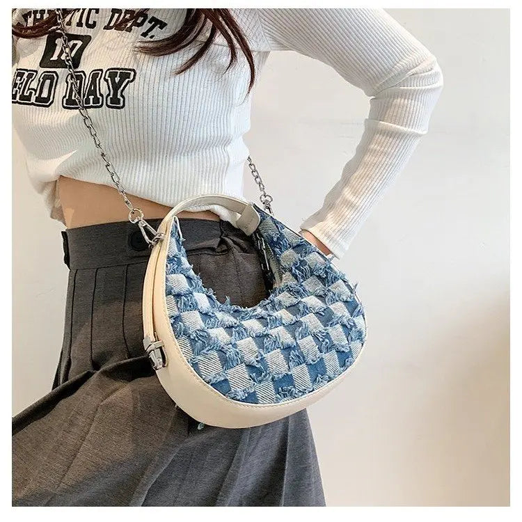 Plaid Canvas Shoulder Handbag Underarm Chain Tote Half Moon Purse Bags
