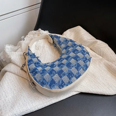 Plaid Canvas Shoulder Handbag Underarm Chain Tote Half Moon Purse Bags
