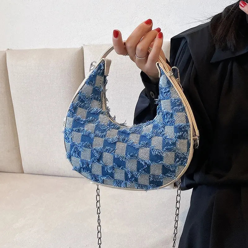 Plaid Canvas Shoulder Handbag Underarm Chain Tote Half Moon Purse Bags