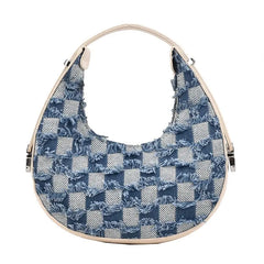 Plaid Canvas Shoulder Handbag Underarm Chain Tote Half Moon Purse Bags