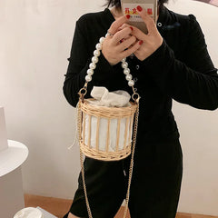 Women Straw Bucket Bag Tote Rattan Crossbody Beach Clutch Hand Bag