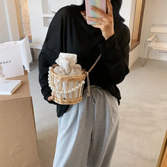 Women Straw Bucket Bag Tote Rattan Crossbody Beach Clutch Hand Bag