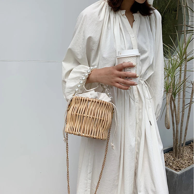 Women Straw Bucket Bag Tote Rattan Crossbody Beach Clutch Hand Bag