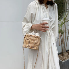 Women Straw Bucket Bag Tote Rattan Crossbody Beach Clutch Hand Bag