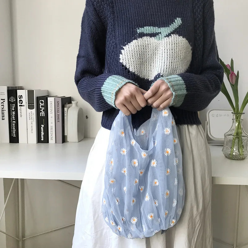 Women Small Transparent Tote Mesh Cloth Bags Daisy Embroidery Handbag Mini Purse