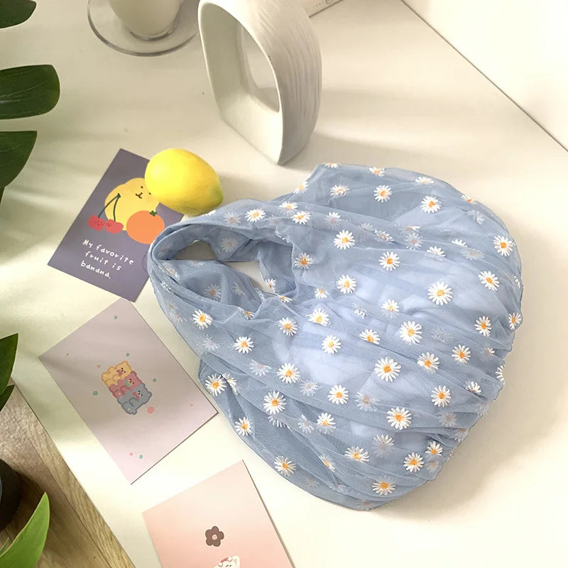 Women Small Transparent Tote Mesh Cloth Bags Daisy Embroidery Handbag