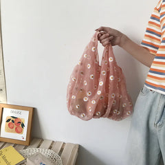Women Small Transparent Tote Mesh Cloth Bags Daisy Embroidery Handbag