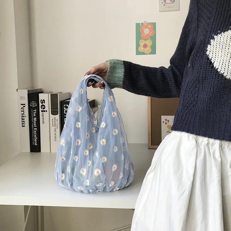 Women Small Transparent Tote Mesh Cloth Bags Daisy Embroidery Handbag