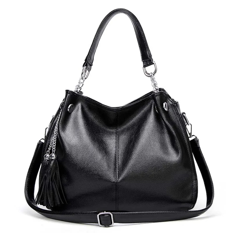 Soft Leather Tote Bag with Tassel Shoulder Handbag