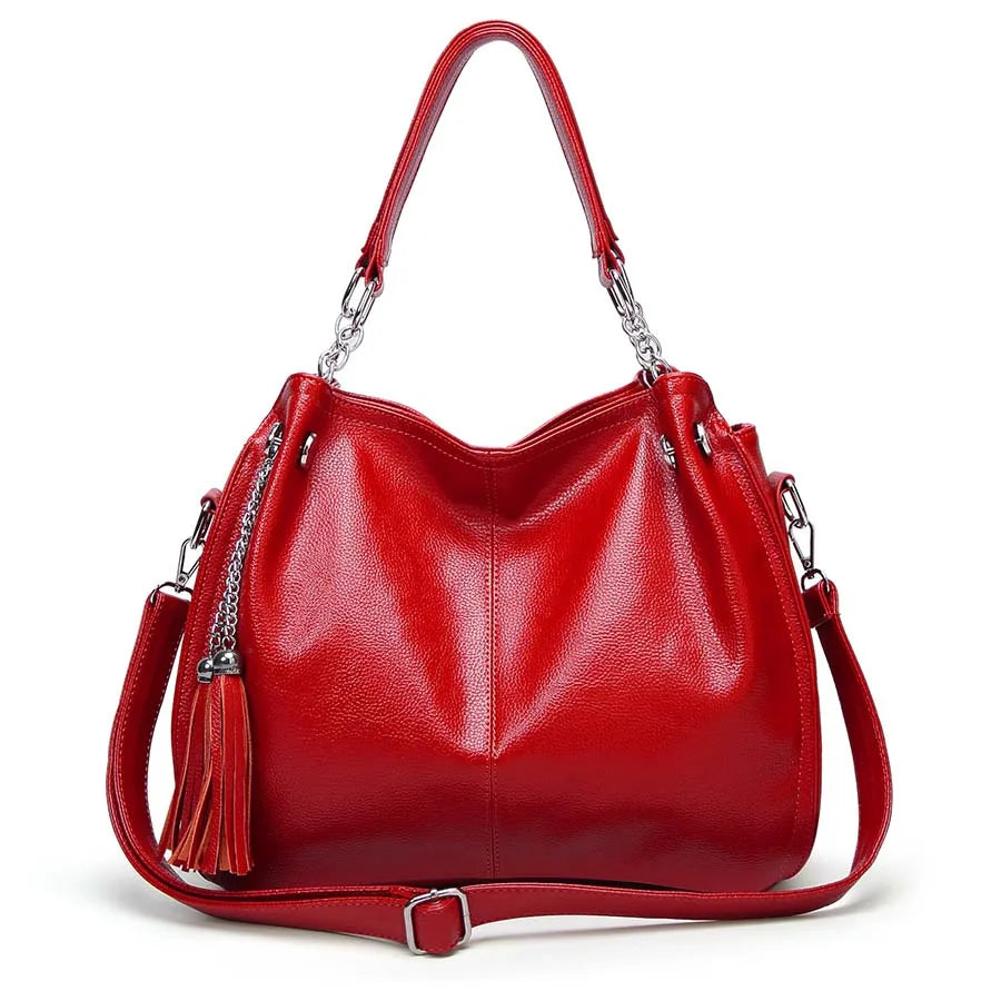 Soft Leather Tote Bag with Tassel Shoulder Handbag