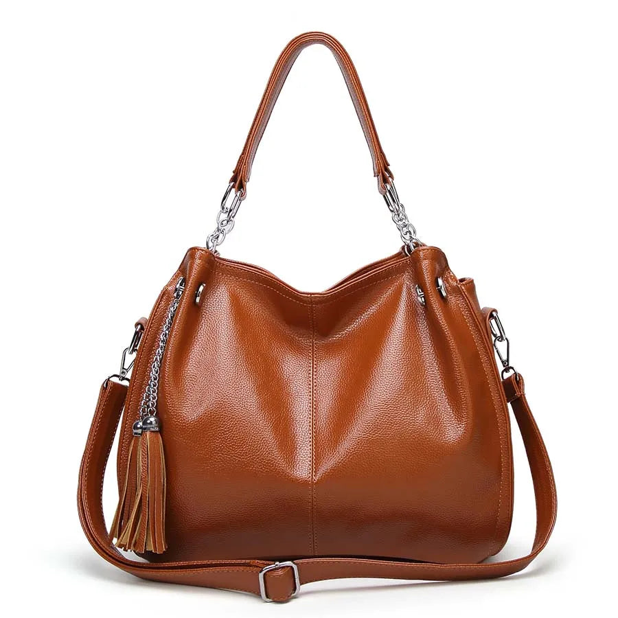 Soft Leather Tote Bag with Tassel Shoulder Handbag