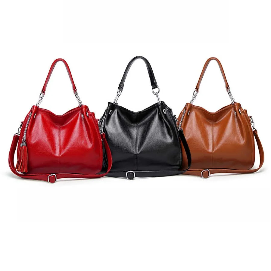 Soft Leather Tote Bag with Tassel Shoulder Handbag
