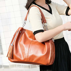 Soft Leather Tote Bag with Tassel Shoulder Handbag