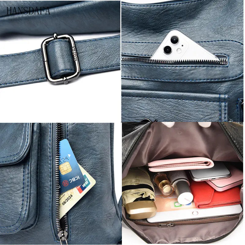 Women Soft Leather Handbag Large Capacity Multifunction Casual Backpack