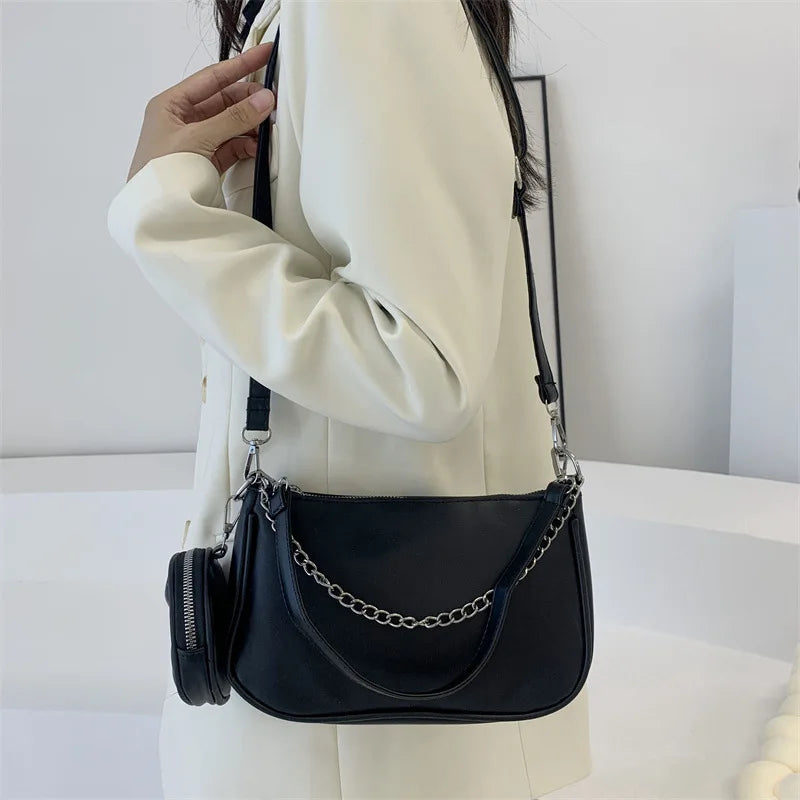 Women Soft PU Leather Shoulder Bag Chain Crossbody Tote Bag 2pcs Set