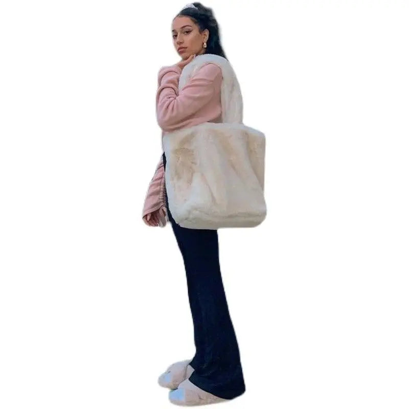 Soft Plush Hand Bag Faux Fur Shopper Bags Warm Fluffy Tote Bags
