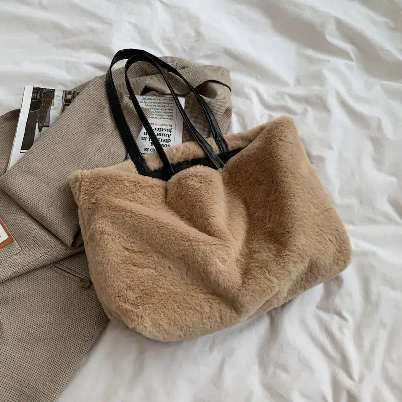 Women Soft Plush Handbags Faux Fur Solid Shopper Bags Winter Travel Bag