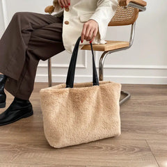 Women Soft Plush Handbags Faux Fur Solid Shopper Bags Winter Travel Bag