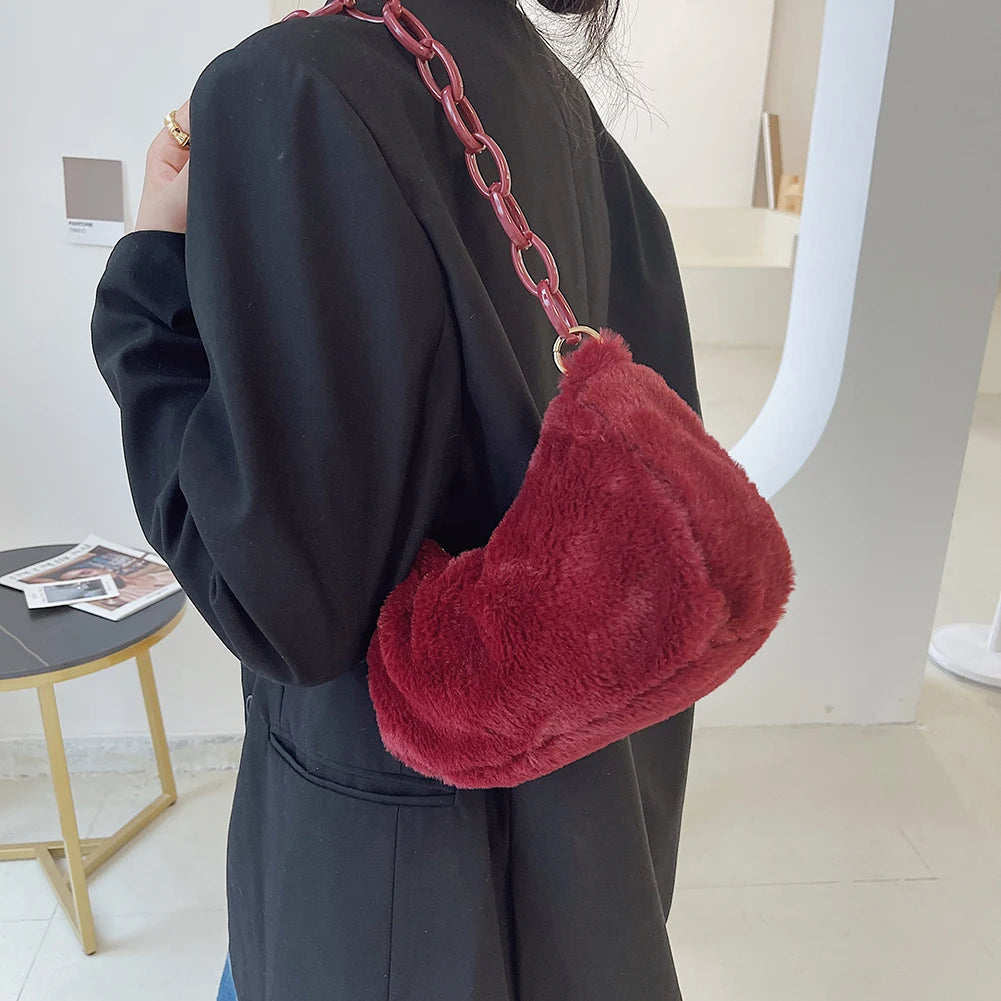 Plush Shoulder Bags Autumn Winter Underarm Bags Female Chain Tote Bags
