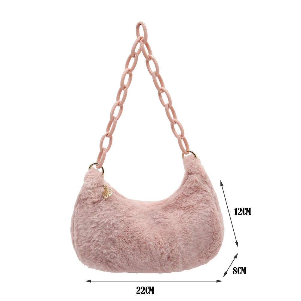 Women Plush Shoulder Bags Small Underarm Bags Acrylic Chain Fluffy Tote Bags