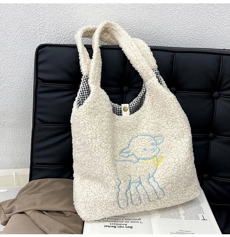 Women Plush Tote Bag Warm Cotton Shopper Bags Embroidery Sheep Handbag