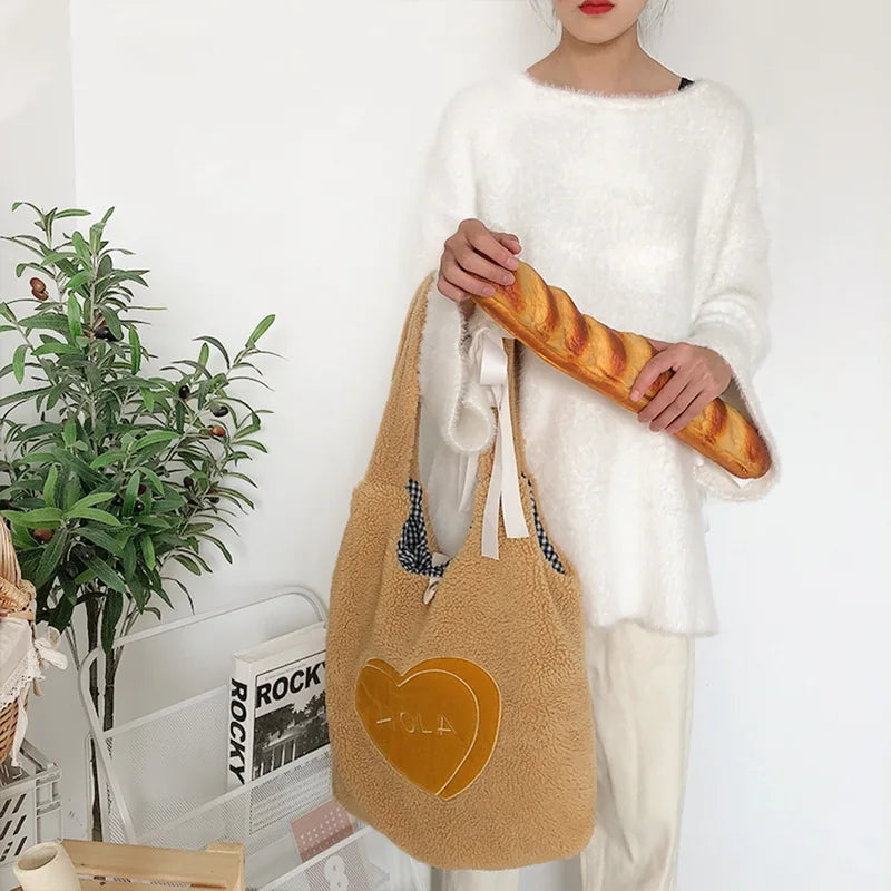 Plush Tote Embroidery Bear Handbag Eco Shoulder Bag Purses For Girls