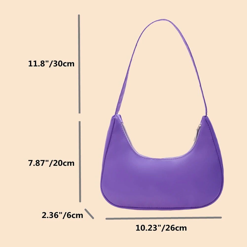 Women Solid Nylon Tote Top-handle Bags Lady Casual Crescent Shape Zipper Handbag