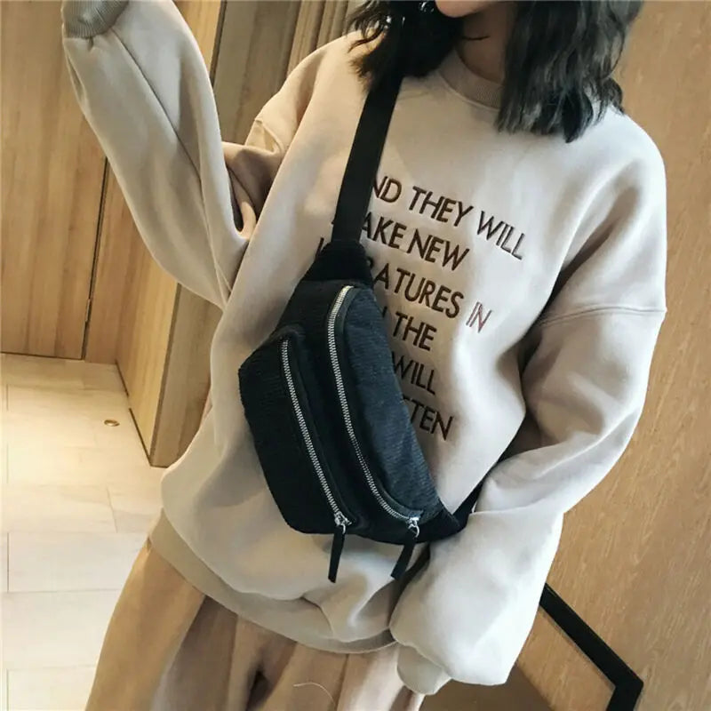 Women Solid Waist Fanny Pack Zipper Waist Bag Chest Tote Purse