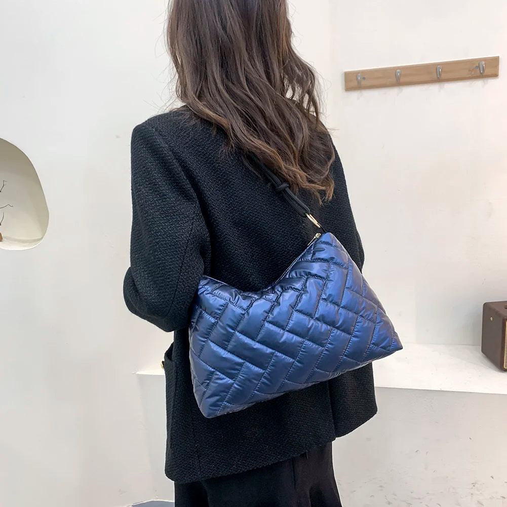 Women Space Padded Nylon Quilted Shoulder Bag Solid Zipper Top-handle Bags