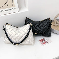 Women Space Padded Nylon Quilted Shoulder Bag Solid Zipper Top-handle Bags