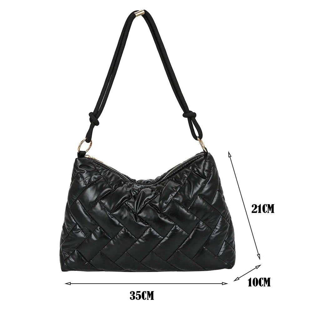 Women Space Padded Nylon Quilted Shoulder Bag Solid Zipper Top-handle Bags